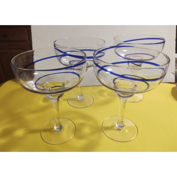 Large Pier 1 Blue Swirline Margarita Glasses Set of 4 Cobalt Blue Swirls - Picture 2 of 10